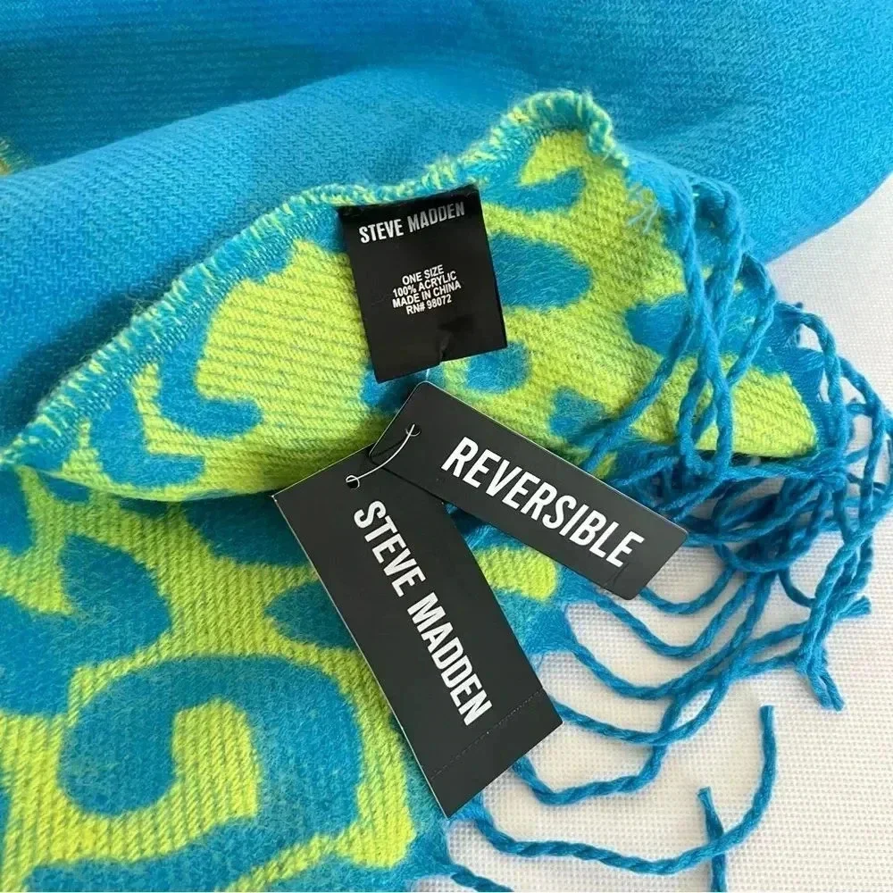 Steve Madden Reversible Leopard Print Scarf Green and Blue With Fringe